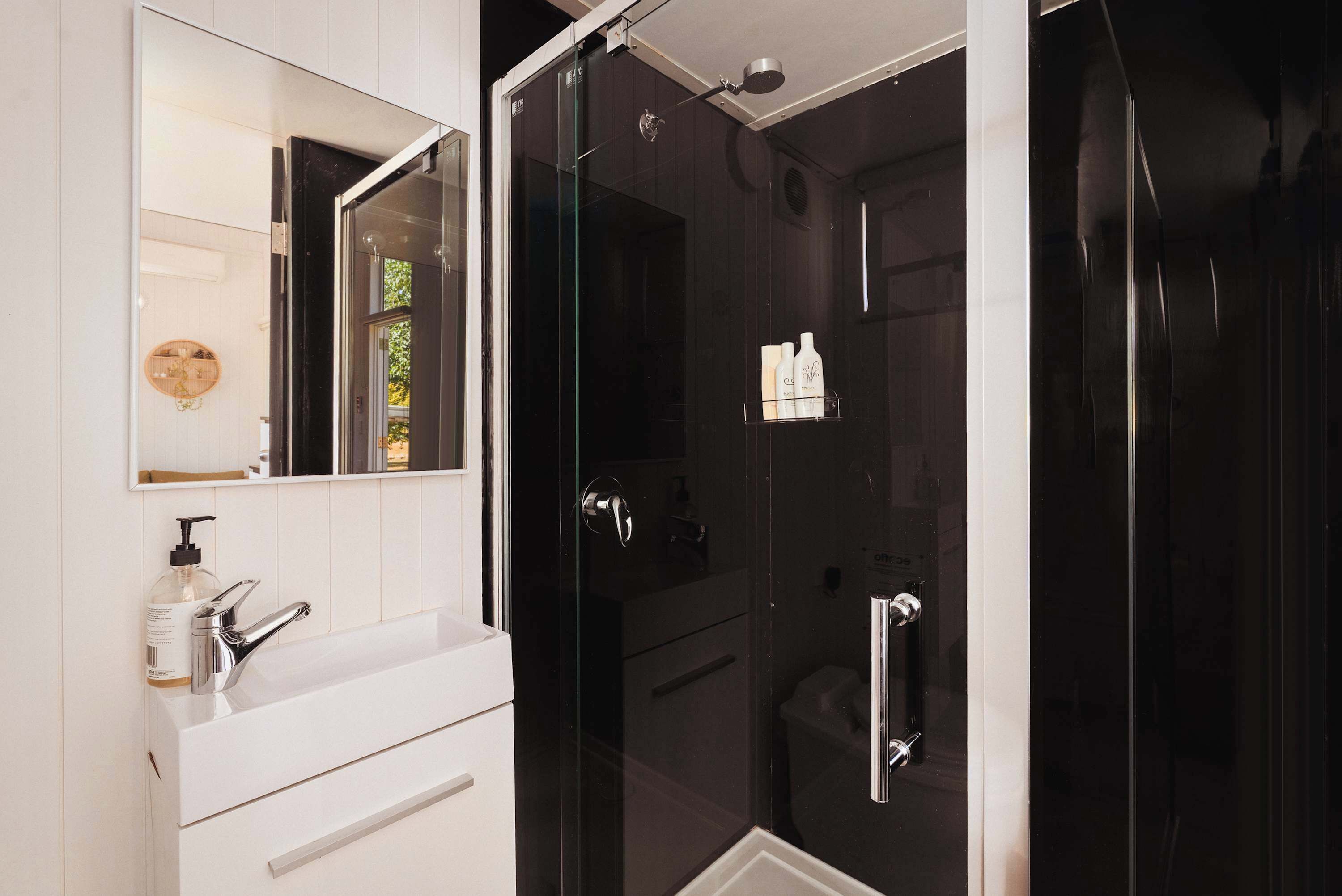 Shower, towels, shampoo