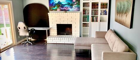 Smart TV, fireplace, video games, DVD player