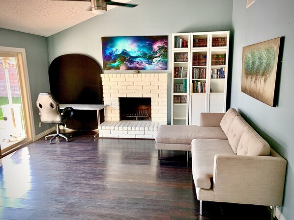 Smart TV, fireplace, video games, DVD player