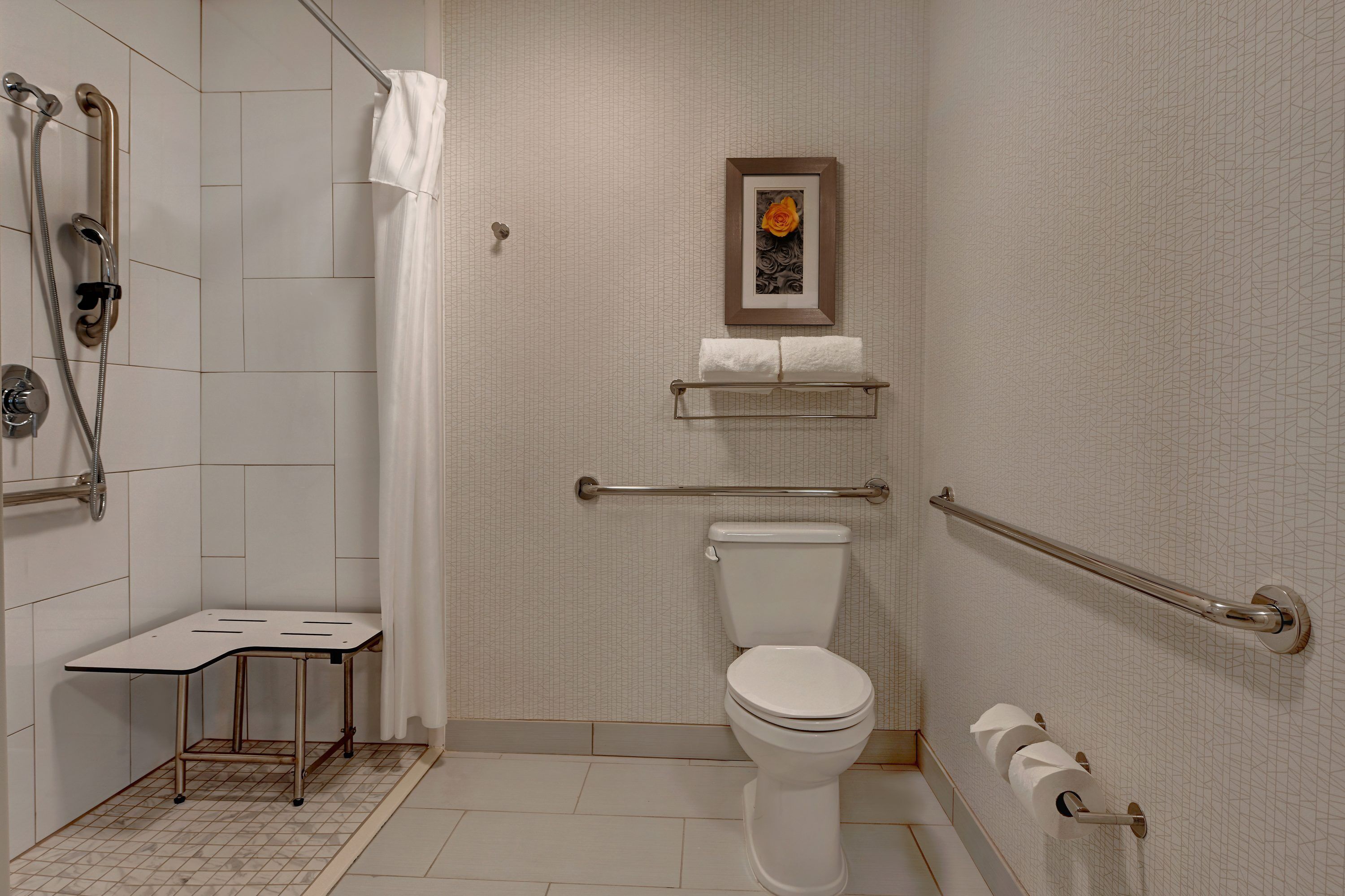 A bathroom with a white toilet, a shower with a grab bar, a towel rack, and a framed picture on the wall.
