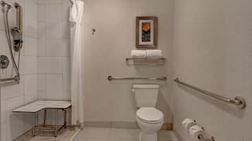 Un baño con inodoro blanco, ducha con barra de apoyo, toallero y un cuadro enmarcado en la pared.