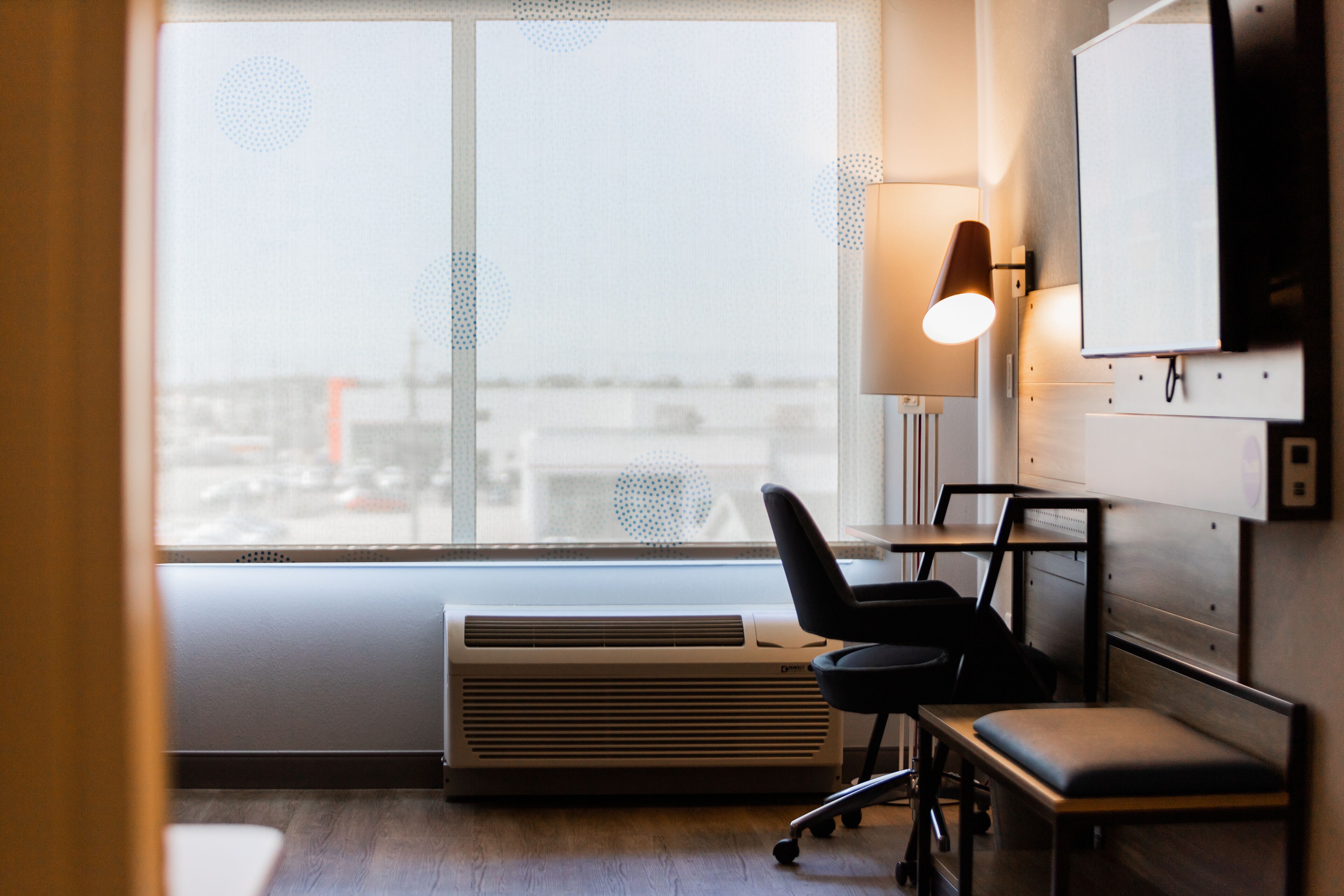 desk, laptop workspace, blackout curtains, iron/ironing board