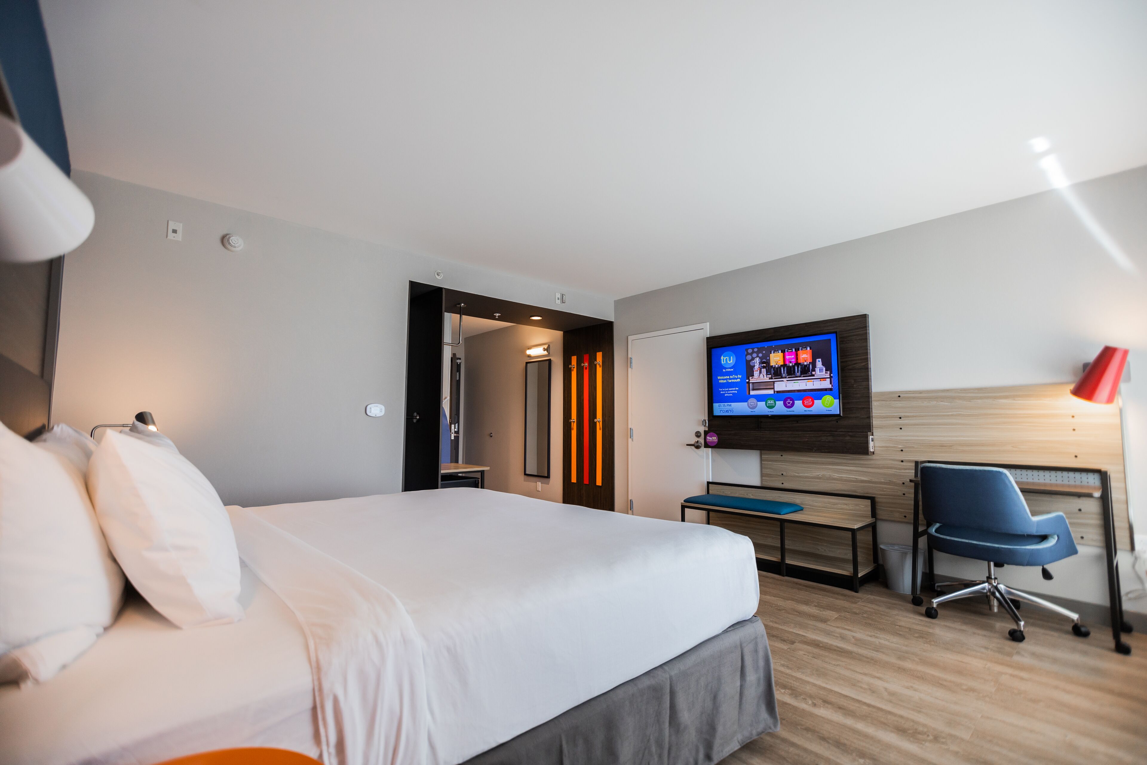 Desk, laptop workspace, blackout curtains, iron/ironing board