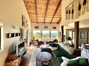 Smart-TV, Kamin, Bücher, Musikbibliothek