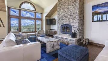 Älytelevisio, takka, DVD-soitin, kirjoja