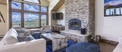 Smart TV, fireplace, DVD player, books