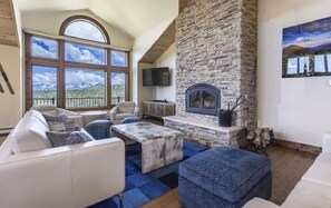 Smart TV, chimenea, reproductor de DVD y libros 