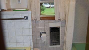 Combined shower/tub, hair dryer, towels, soap