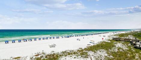 On the beach, sun loungers