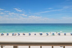 On the beach, sun loungers
