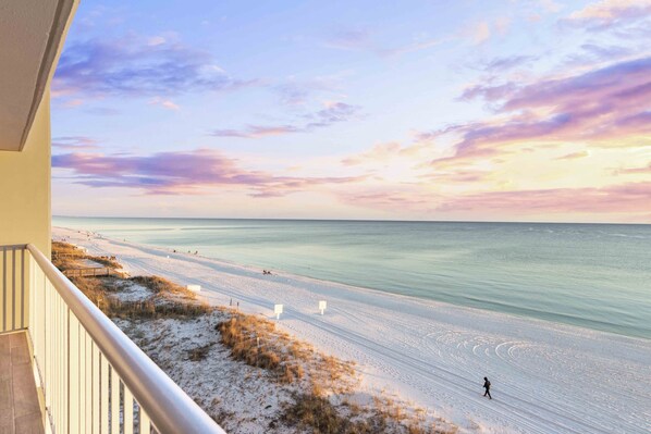 On the beach, sun loungers