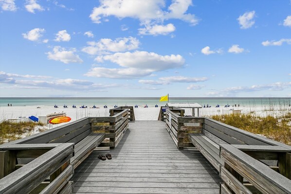 On the beach, sun loungers