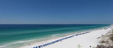 On the beach, sun loungers