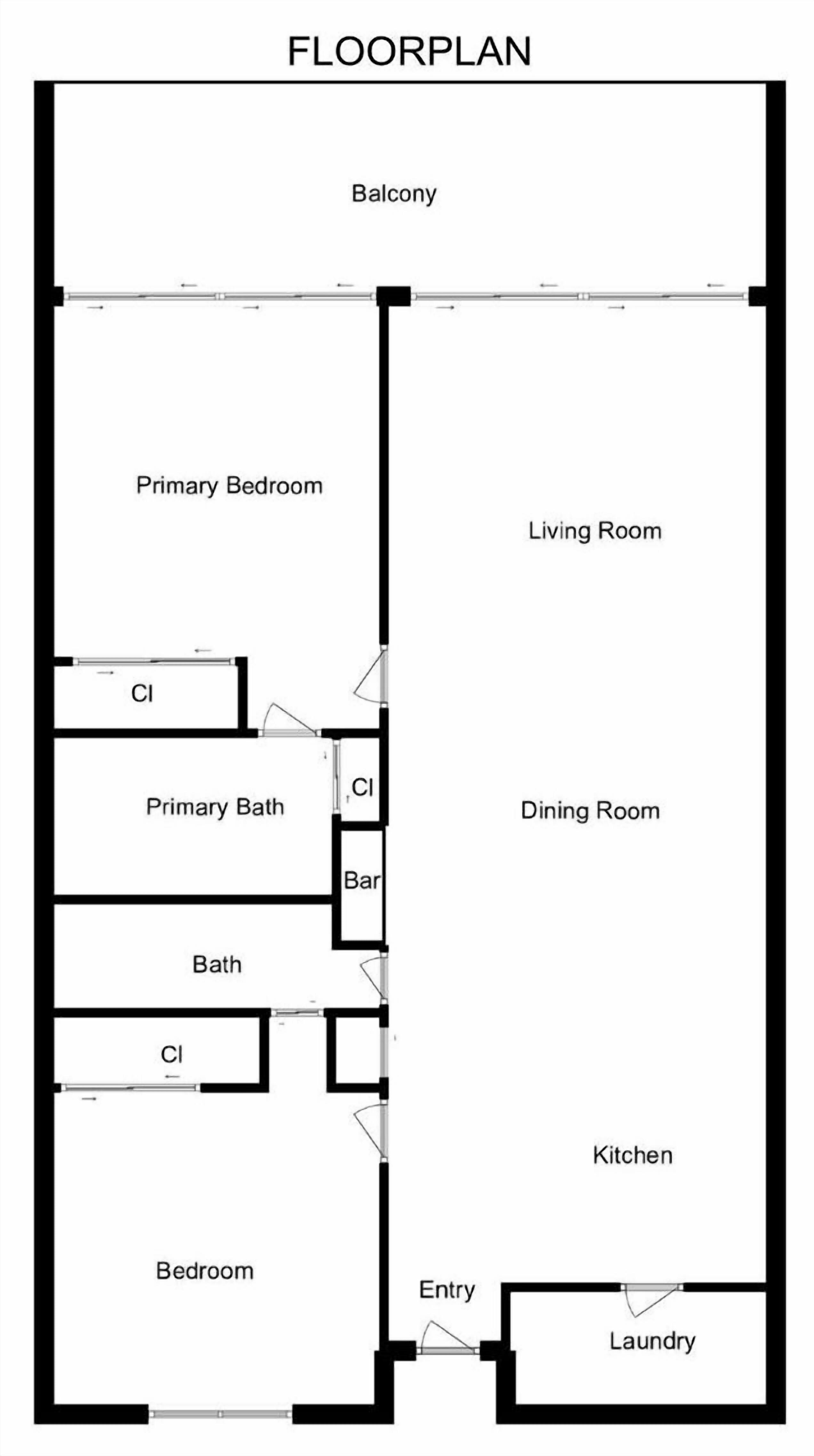 Un plan d’étage comprenant un balcon, une chambre principale, un salon, une salle de bain principale, une salle à manger, une cuisine, une salle de bain, un bar, une chambre, un hall d’entrée et une buanderie.