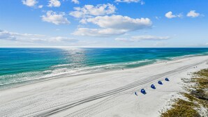 A beach with a clear sky, calm sea, and a sandy shore with blue chairs. - Off the Hook - Destin Gulfgate 0802! (Destin)