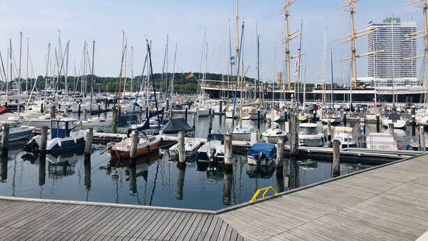 Ein Yachthafen mit zahlreichen Booten, die an Holzstegen festgemacht sind, ein großes Gebäude im Hintergrund und ein klarer Himmel.