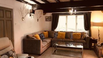 Cottage | Living area | 60-inch flat-screen TV with satellite channels, TV, fireplace