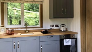 A kitchen with a window, a sink, a kettle, and a stove. - Shepherds Hut, self catering, Powys (Cascob)
