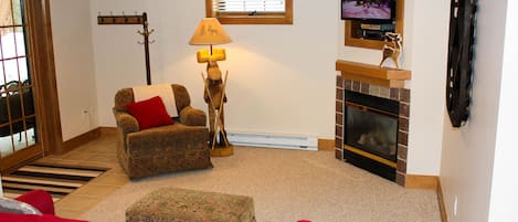 Televisie, een open haard en een dvd-speler