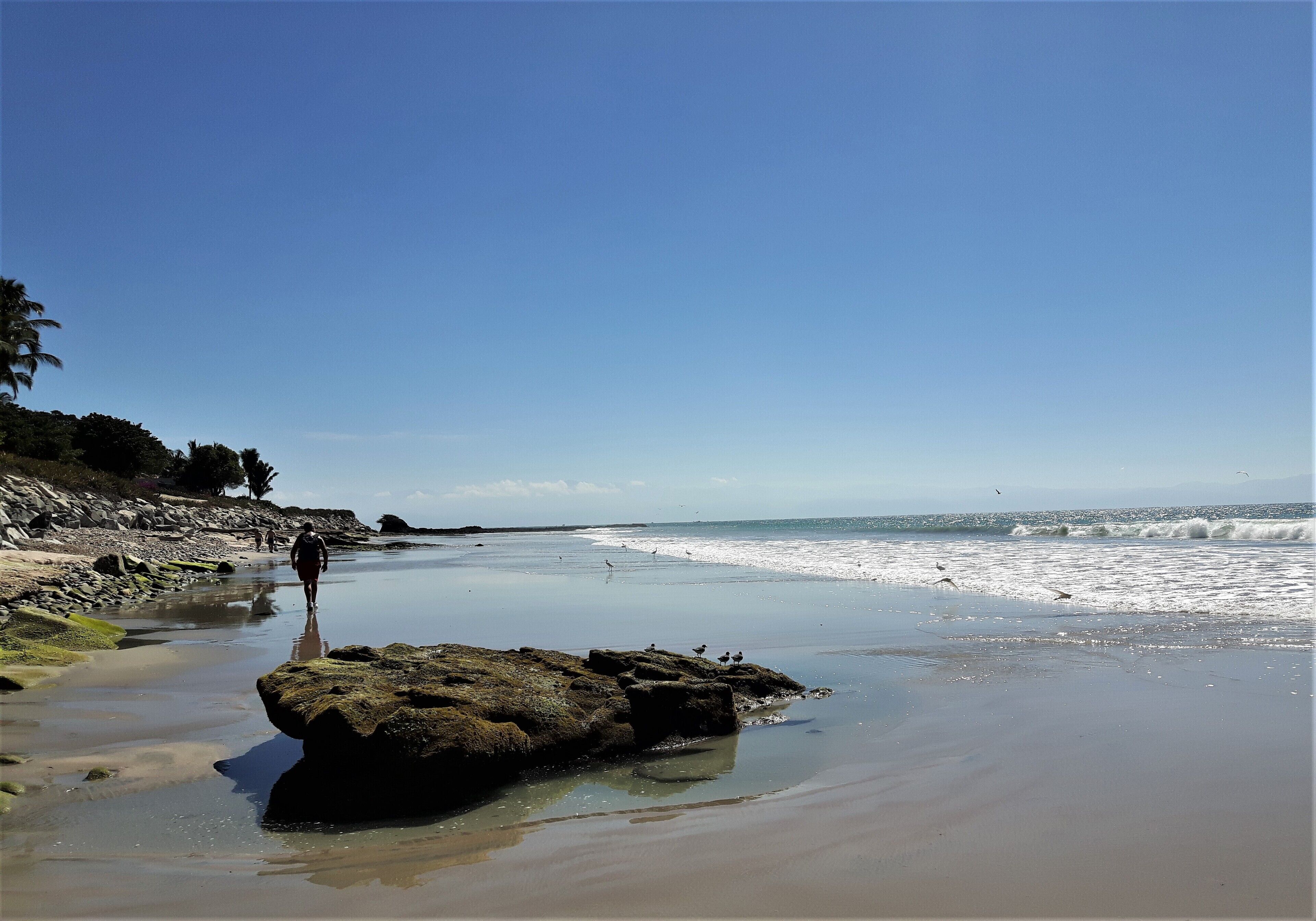 A beach with a person walking, rocky outcrops, and waves.