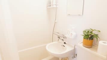 Combined shower/tub, hair dryer, towels, soap