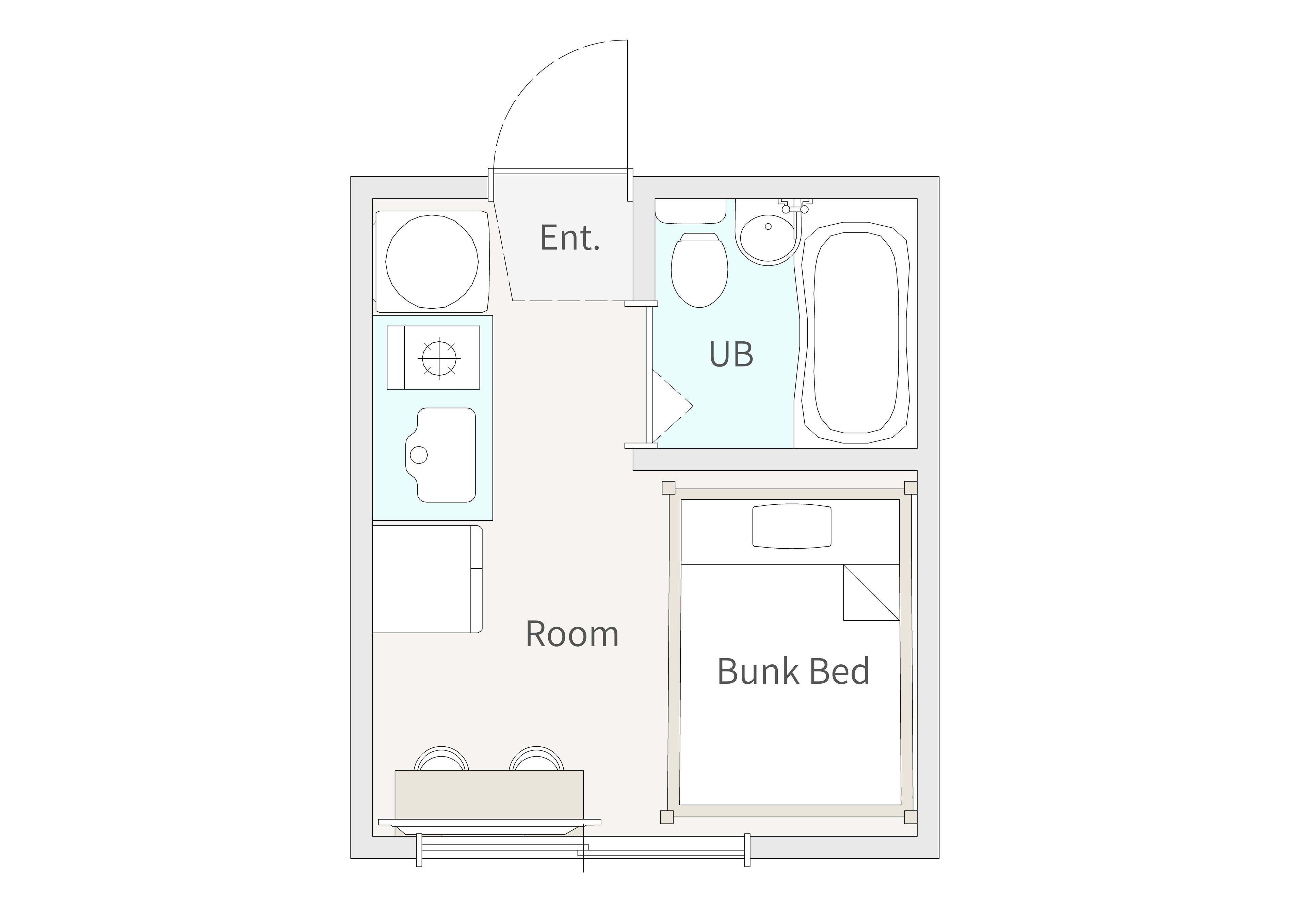 A floor plan with an entrance, a bathroom, a room, and a bunk bed area.