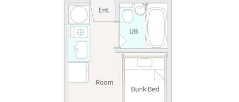 A floor plan with an entrance, a bathroom, a room, and a bunk bed area.