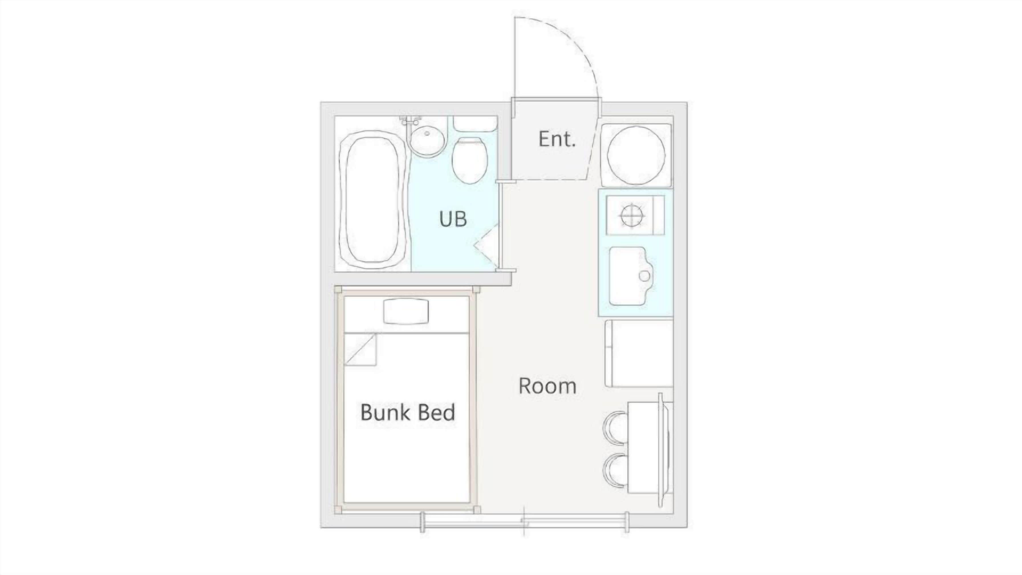 Ein Grundriss mit Badezimmer, Etagenbett, einem Raum und einem Eingang.