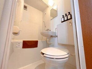 Combined shower/bathtub, hair dryer, towels, soap