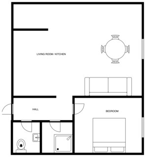 Planta baixa mostrando uma sala de estar/cozinha, um corredor e um quarto.