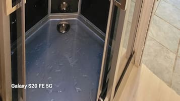 A glass-enclosed shower stall with a control panel and a handheld showerhead.