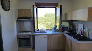 Une cuisine compacte équipée d’une cuisinière à gaz, d’un four, d’un four à micro-ondes et d’une fenêtre donnant sur un espace verdoyant.