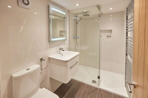 Bathroom features a white toilet, sink, and glass-enclosed shower area with handheld showerhead.