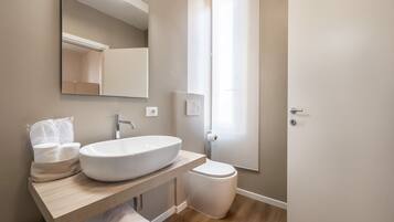 A modern bathroom with a large white sink, a mirror, and a toilet.