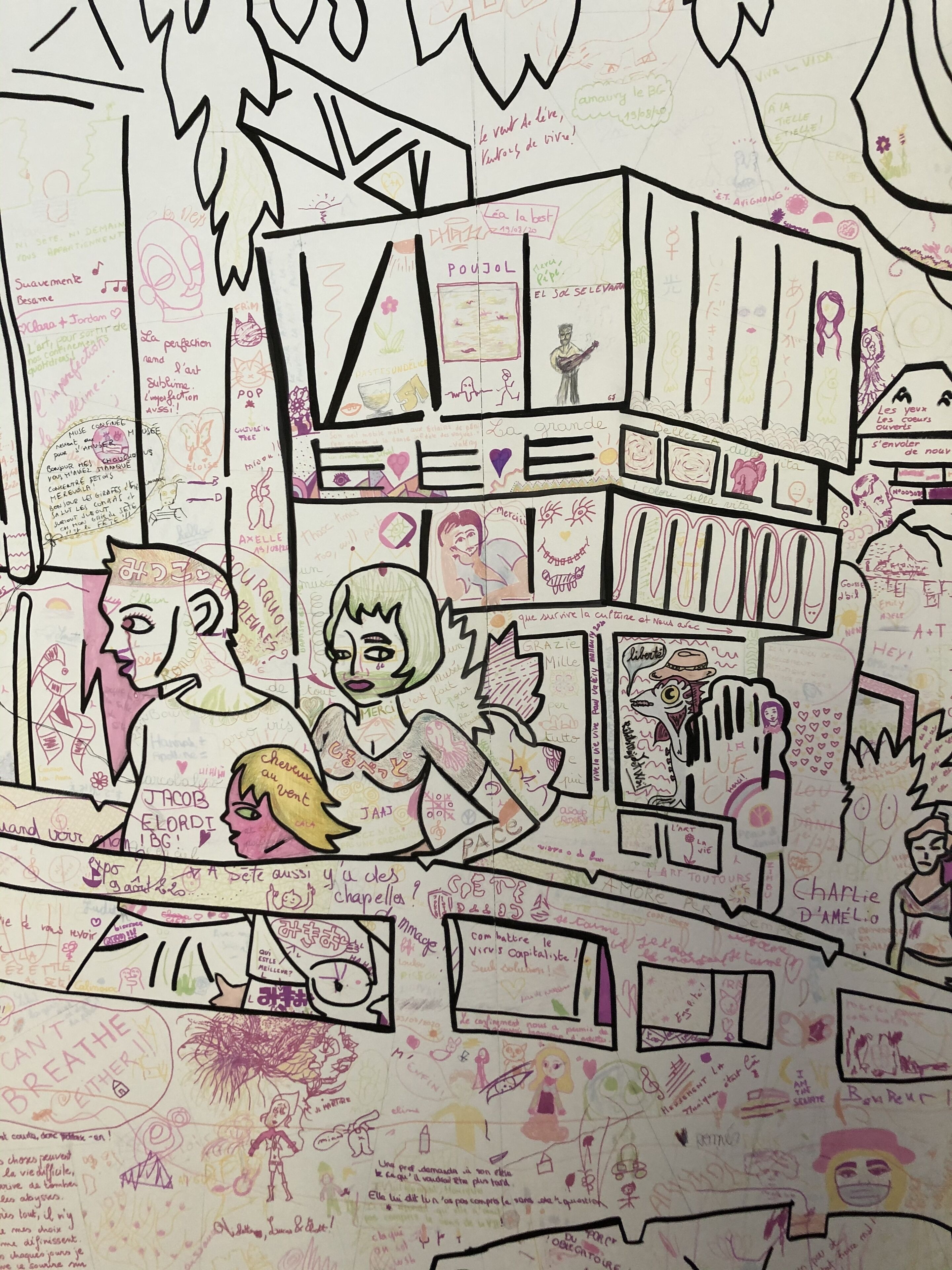 A hand-drawn illustration of a room with multiple levels and various characters.