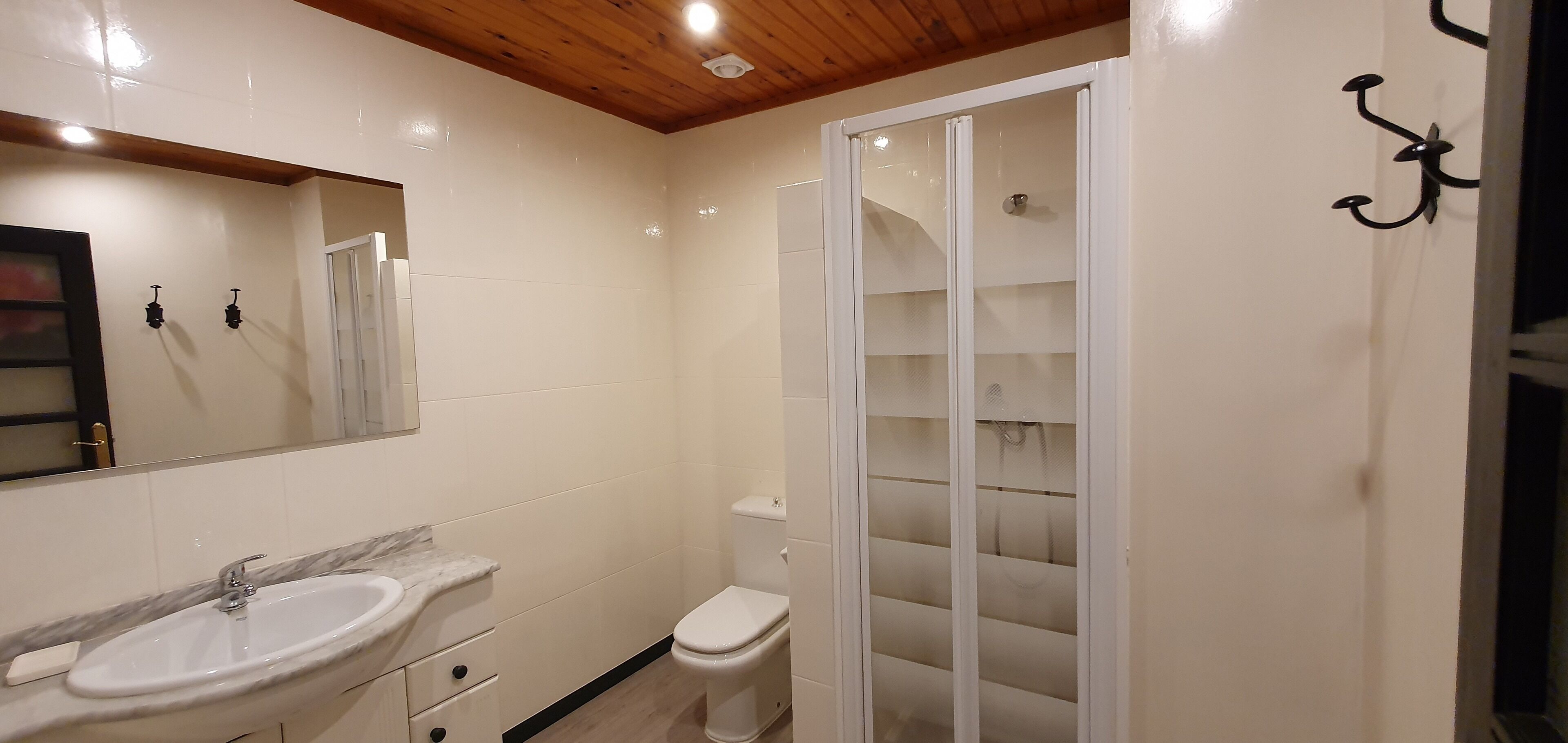 Een badkamer met een wastafel, spiegel, toilet en een douchecabine met glazen wanden.