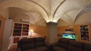 A cozy living room with a vaulted ceiling, a television, and bookshelves.