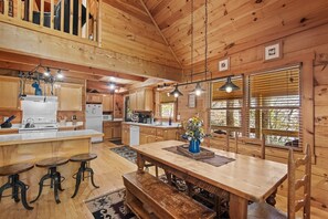Fridge, microwave, oven, stovetop - Timber Lodge - Private, Serene Cabin with Game Room for Kids (Todd)
