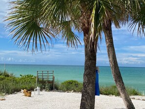 A beach scene with a palm tree, a wooden structure, and a clear view of the ocean. - Bayshore Beach House - Walk to Nokomis Beach!  Close to Siesta Key, Venice Beach (Nokomis)