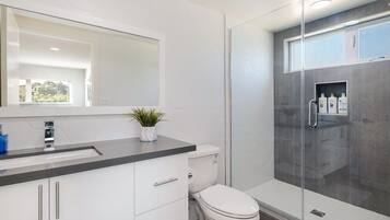 Hair dryer, towels, soap, shampoo