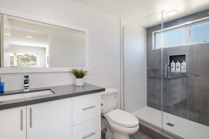 Hair dryer, towels, soap, shampoo