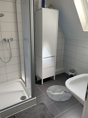 Shower, hair dryer, towels, toilet paper