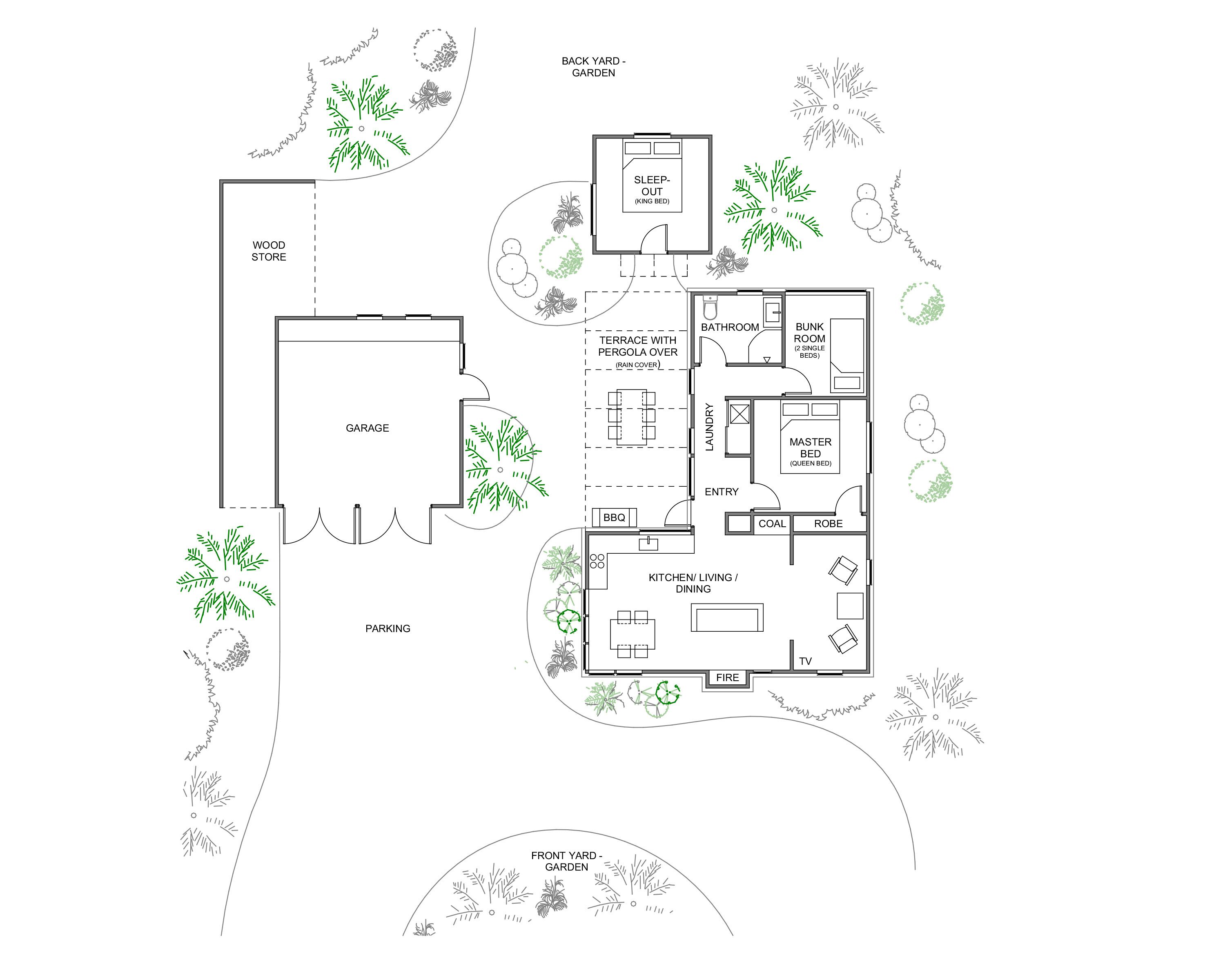 Plano de una casa con garaje, depósito de leña, estacionamiento y jardines en el patio delantero y trasero.