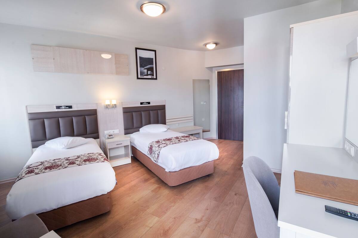 Une chambre d’hôtel avec deux lits, un bureau, une chaise et un téléviseur.