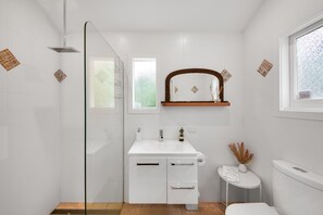 Hair dryer, soap, shampoo, toilet paper