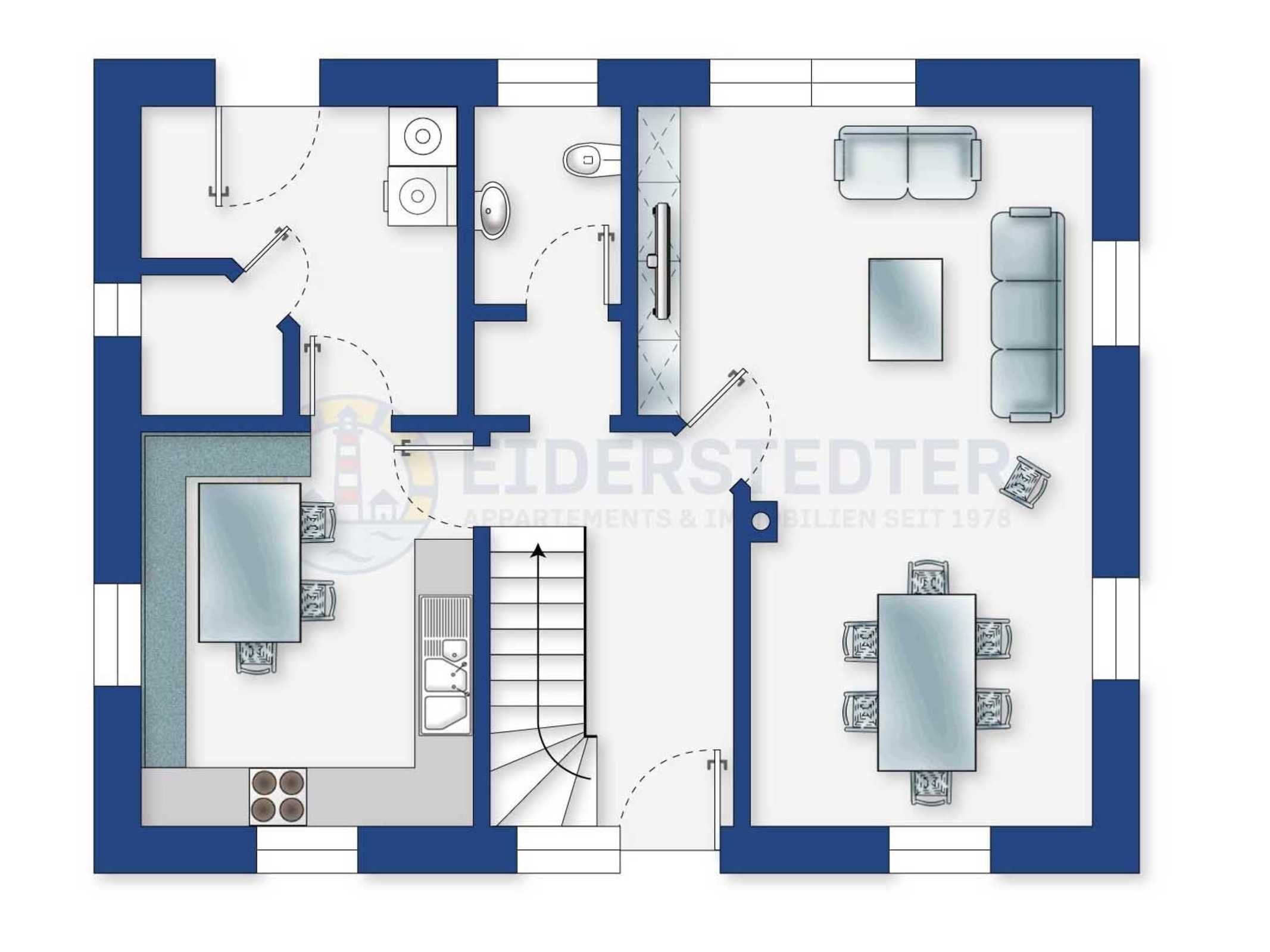 A floor plan of a hotel with a kitchen, dining area, and a staircase.