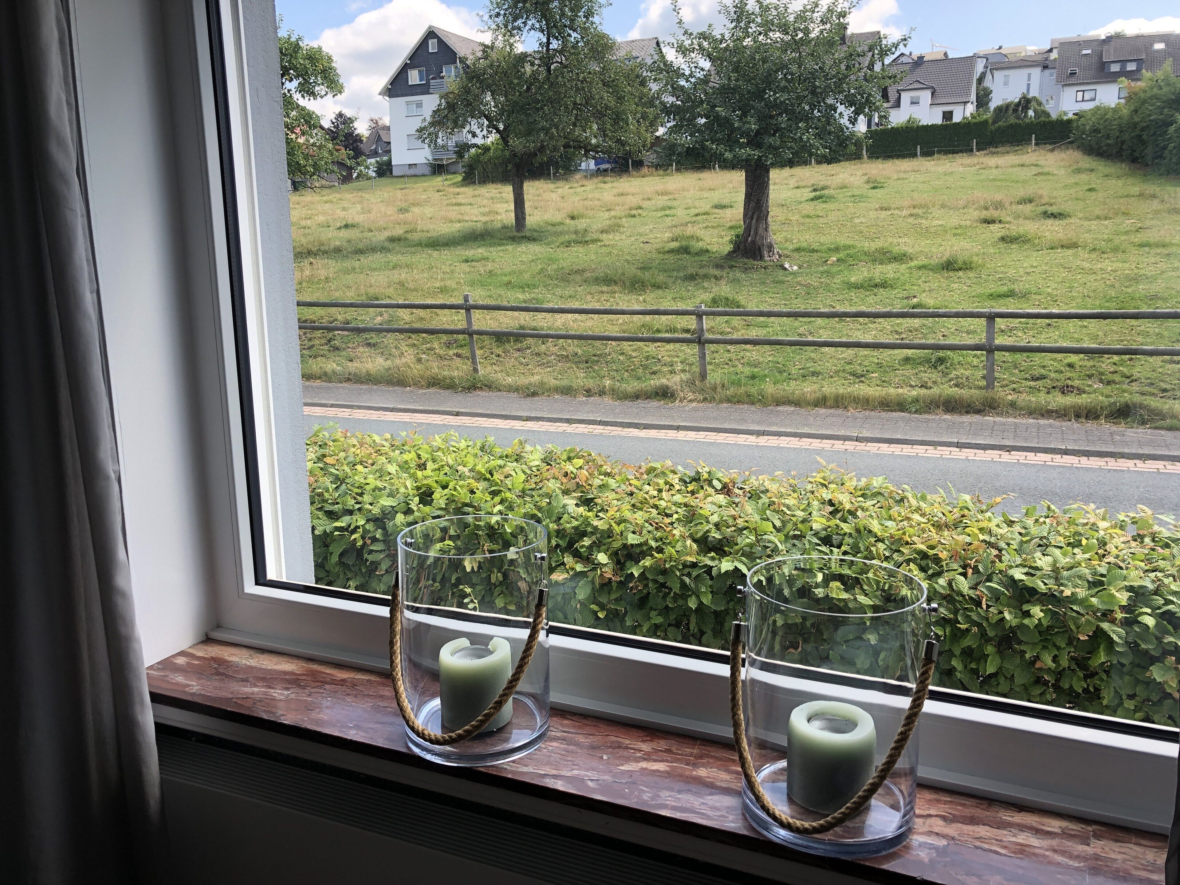 A window with two candles in glass holders, a view of a grassy area with a fence, and houses in the background.