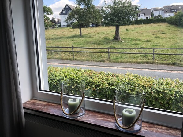 A window with two candles in glass holders, a view of a grassy area with a fence, and houses in the background.