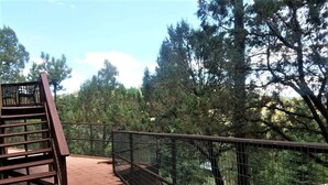 A wooden staircase leading to a viewing platform with a metal railing, surrounded by trees. - Mountain Hideaway (Ruidoso)