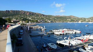 A marina with boats docked, a pedestrian walkway, and a mountainous backdrop.
